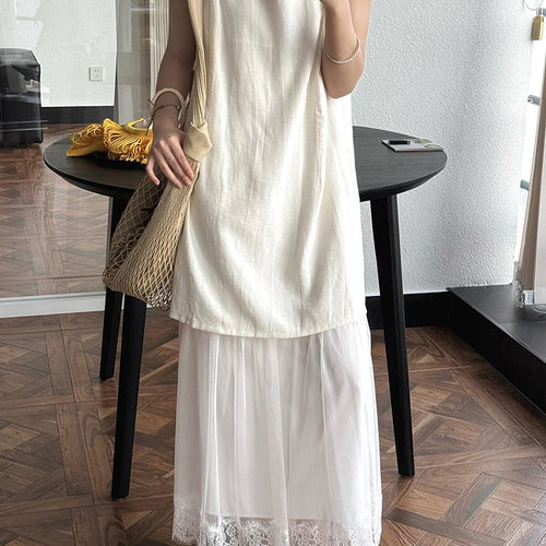 Load image into Gallery viewer, Women Beige Mesh Lace Spliced Elegant Long Vest Dress New Round Neck Sleeveless Fashion Tide Spring Summer 2025 1DJ1216
