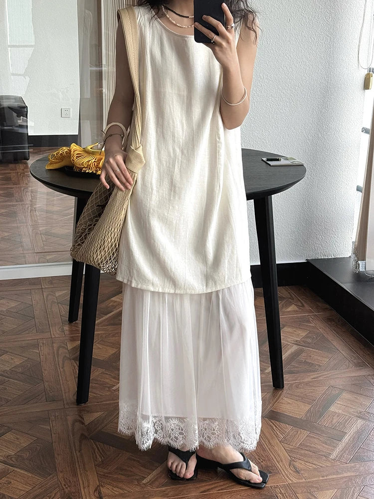 Women Beige Mesh Lace Spliced Elegant Long Vest Dress New Round Neck Sleeveless Fashion Tide Spring Summer 2025 1DJ1216