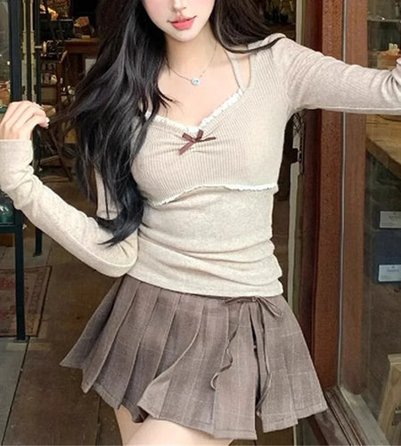 y2k Top Women Fairycore Clothes Lace Trim Long Sleeve Halter Neck T Shirt with Bow 2000s Coquette Clothing Streetwear