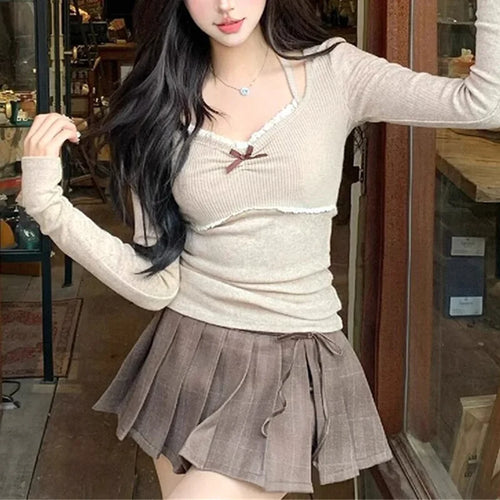 Load image into Gallery viewer, y2k Top Women Fairycore Clothes Lace Trim Long Sleeve Halter Neck T Shirt with Bow 2000s Coquette Clothing Streetwear
