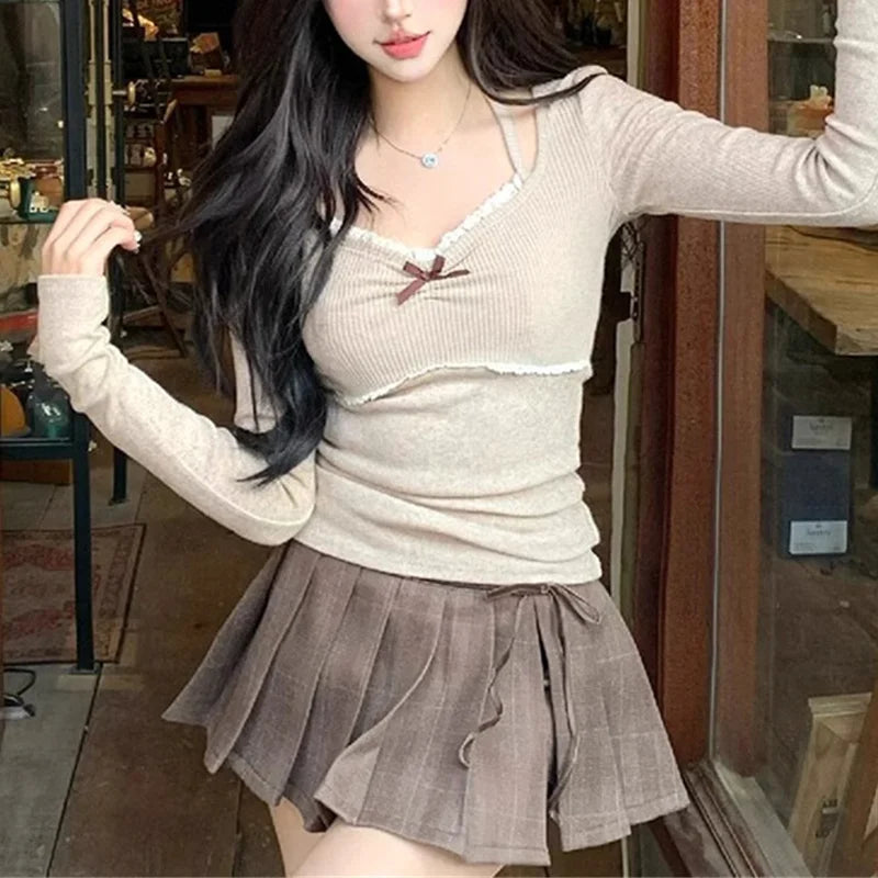 y2k Top Women Fairycore Clothes Lace Trim Long Sleeve Halter Neck T Shirt with Bow 2000s Coquette Clothing Streetwear
