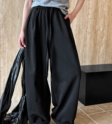 High Elastic Waist Black Drawstring Long Casual Wide Leg Pants New Trousers Women Fashion Tide Spring Autumn 2025 1DJ0194