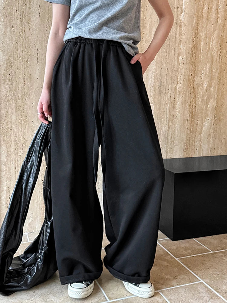 High Elastic Waist Black Drawstring Long Casual Wide Leg Pants New Trousers Women Fashion Tide Spring Autumn 2025 1DJ0194