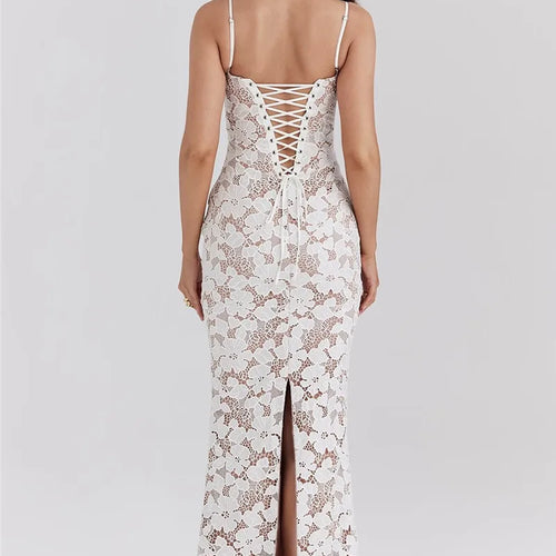 Load image into Gallery viewer, Floral Embroidery Sexy Maxi Dress For Women Fashion Spaghetti Strap Sleeveless Backless Lace-up Club Party Long Dress
