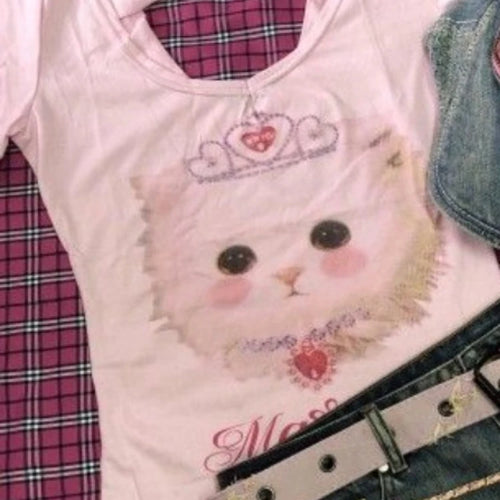 Load image into Gallery viewer, 2025 New Kawaii Cartoon Cat Print Crop Top Summer Sweet Y2k Aesthetic Ins Women T-shirt Japanese Fashion Slim Harajuku Tee Shirt
