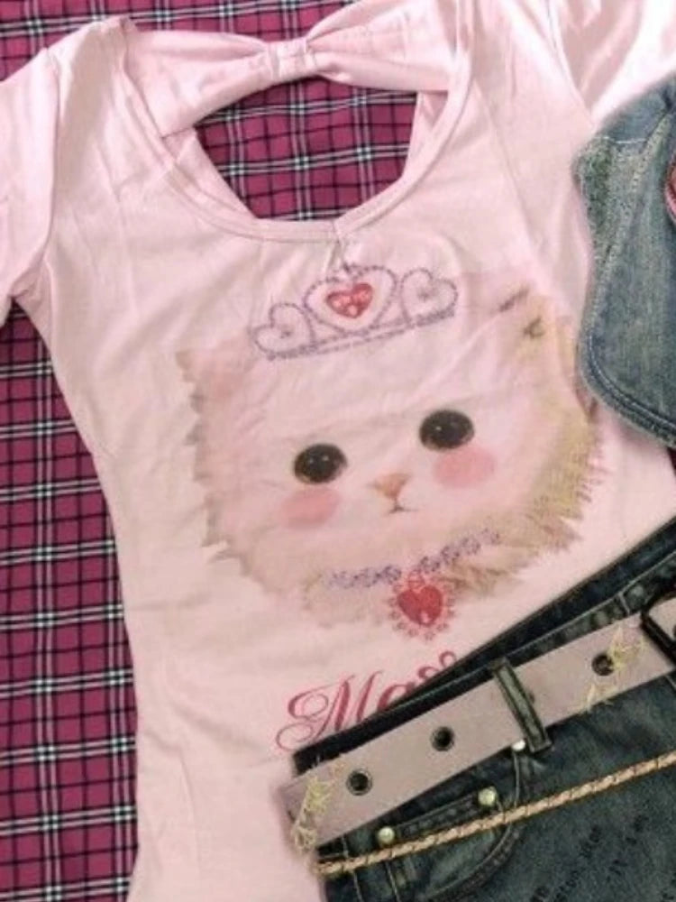 2025 New Kawaii Cartoon Cat Print Crop Top Summer Sweet Y2k Aesthetic Ins Women T-shirt Japanese Fashion Slim Harajuku Tee Shirt