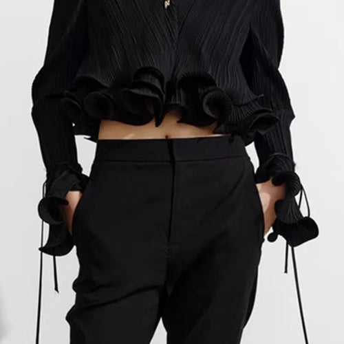 Load image into Gallery viewer, Solid Spliced Ruffles Slimming Blouses For Women V Neck Long Sleeve Temperament Shirts Female Fashion Style Clothes
