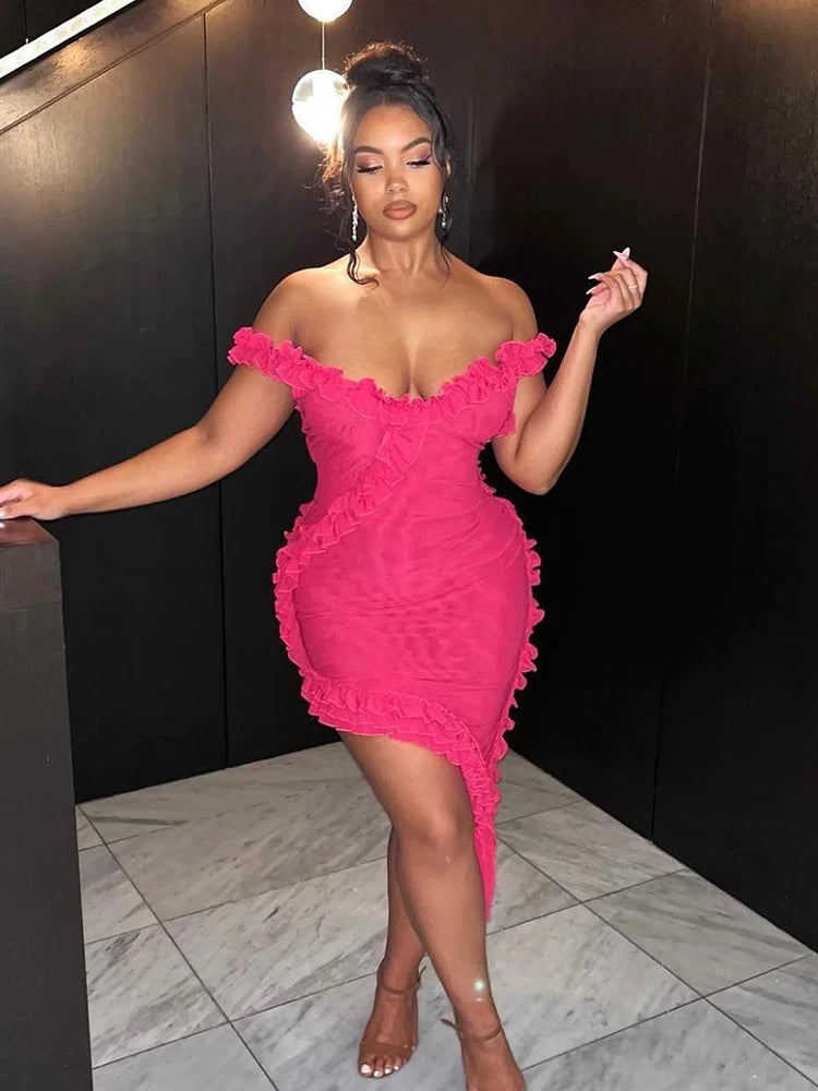 Sexy Double Layer Mesh Ruffles Asymmetrical Women's Dress Draped  Backless Slim Dress Female Party Streetwear 2023 New