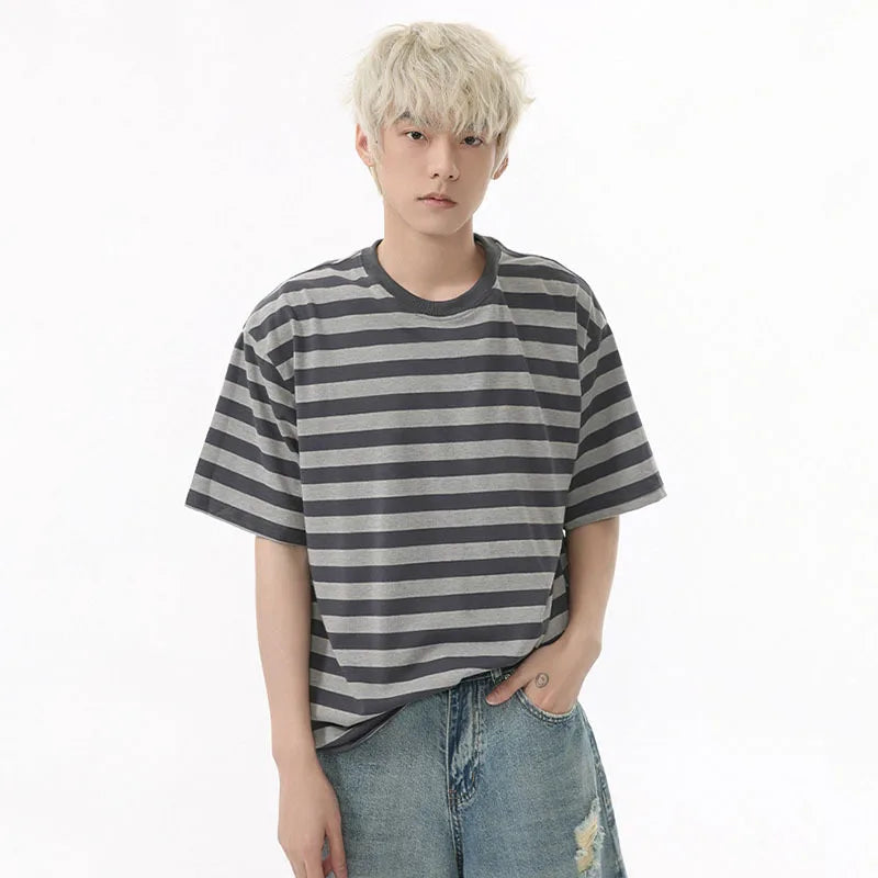 Men's Short Sleeve T-shirts New American Stripe Contrast Fashion Round Neck Male Loose Clothing Trendy Tees Casual 9W1598