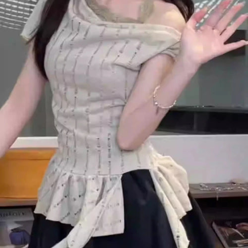 Load image into Gallery viewer, Y2k Aesthetic Lace Patchwork Slim Tshirts Women Harajuku Skew Collar Halter T-shirt 2025 Streetwear Irregular Ruffled Tees Femme
