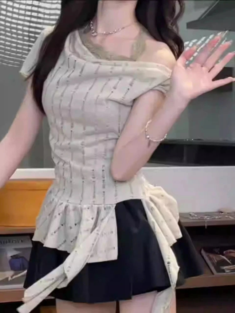 Y2k Aesthetic Lace Patchwork Slim Tshirts Women Harajuku Skew Collar Halter T-shirt 2025 Streetwear Irregular Ruffled Tees Femme