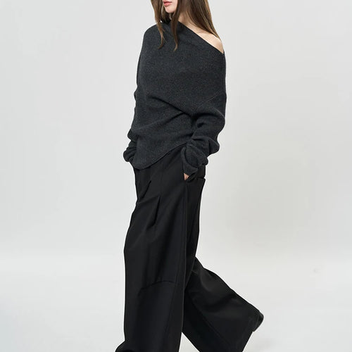 Load image into Gallery viewer, 42% Wool Elegant Knitting Sweater Skew Collar Long Sleeve Women Pullovers New Fashion Tide Spring Autumn 2025 1DH9240
