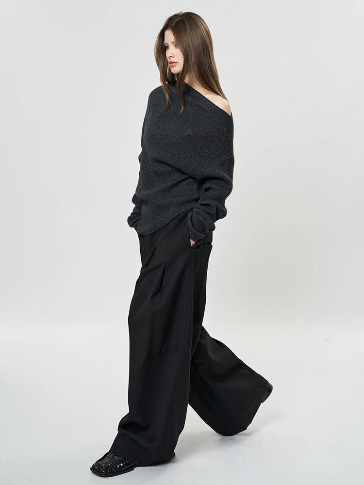 42% Wool Elegant Knitting Sweater Skew Collar Long Sleeve Women Pullovers New Fashion Tide Spring Autumn 2025 1DH9240