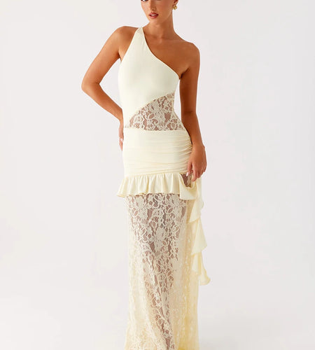 One Shoulder Backless Sexy Maxi Dress Women Lace Patchwork Fashion Sleeveless Lace-up Draped Ruffle Club Long Dress