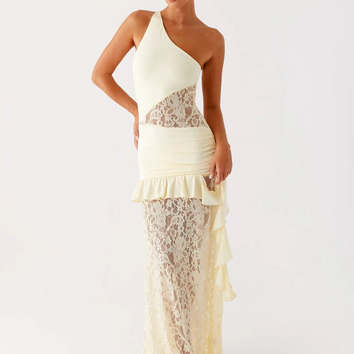 Load image into Gallery viewer, One Shoulder Backless Sexy Maxi Dress Women Lace Patchwork Fashion Sleeveless Lace-up Draped Ruffle Club Long Dress
