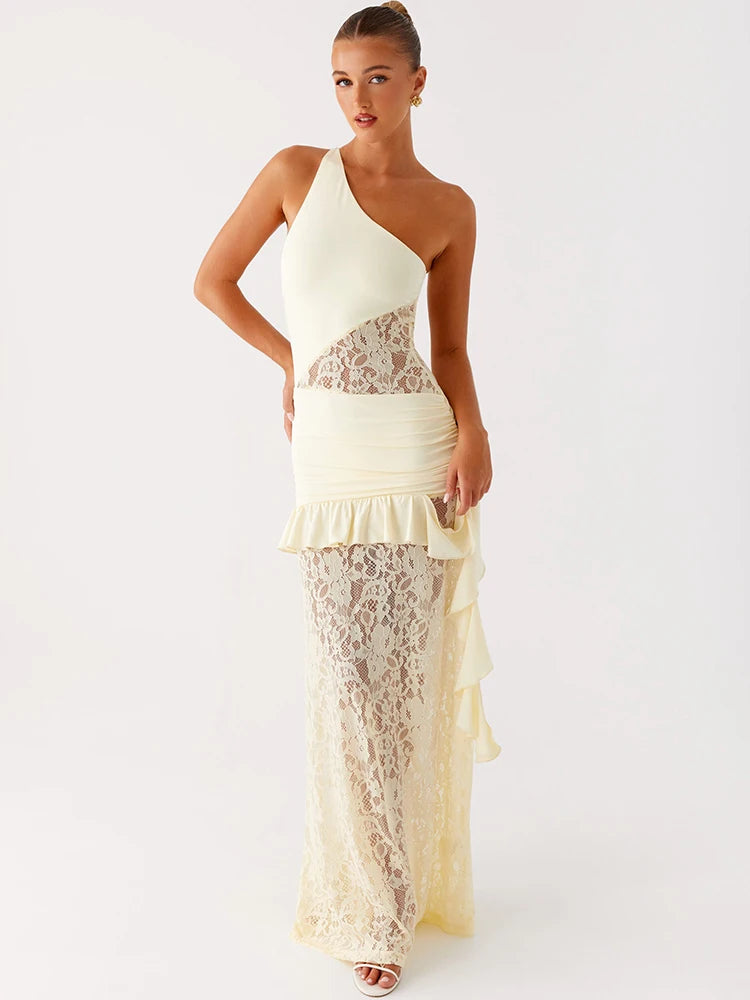 One Shoulder Backless Sexy Maxi Dress Women Lace Patchwork Fashion Sleeveless Lace-up Draped Ruffle Club Long Dress
