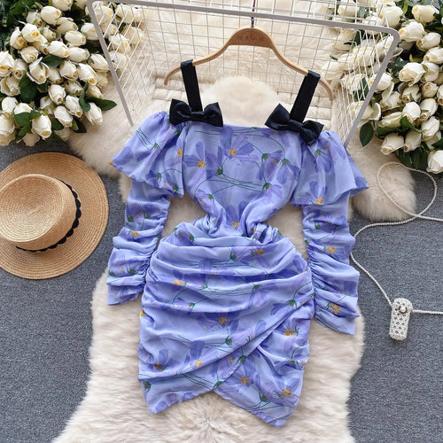 Load image into Gallery viewer, French Sexy Club Off Shoulder Bow Slip Mini Dresses For Women Purple Floral  Patchwork Asymmetry Pleated Dress Korea 2023 Autumn

