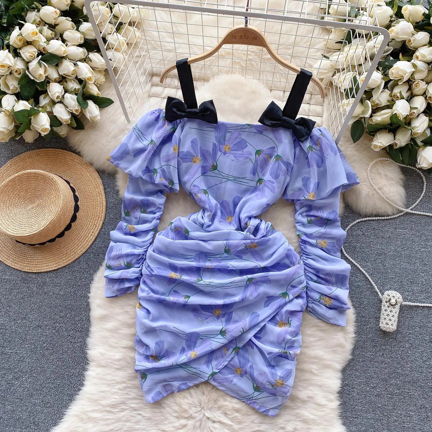 French Sexy Club Off Shoulder Bow Slip Mini Dresses For Women Purple Floral  Patchwork Asymmetry Pleated Dress Korea 2023 Autumn