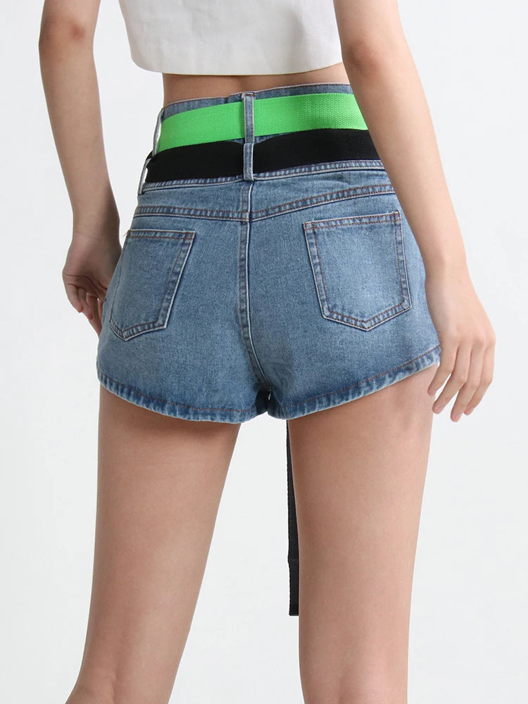 Minimalist Denim Patchwork Lace Up Shorts For Women High Waist Temperament Short Pants Female Fashion Summer