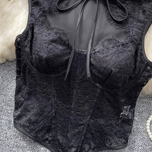 Load image into Gallery viewer, New Chinese Style Vintage Women Black Lace Elegant Sleeveless Tops Summer Sexy Club Vacation Asymmetric Bandage Vest Clothing
