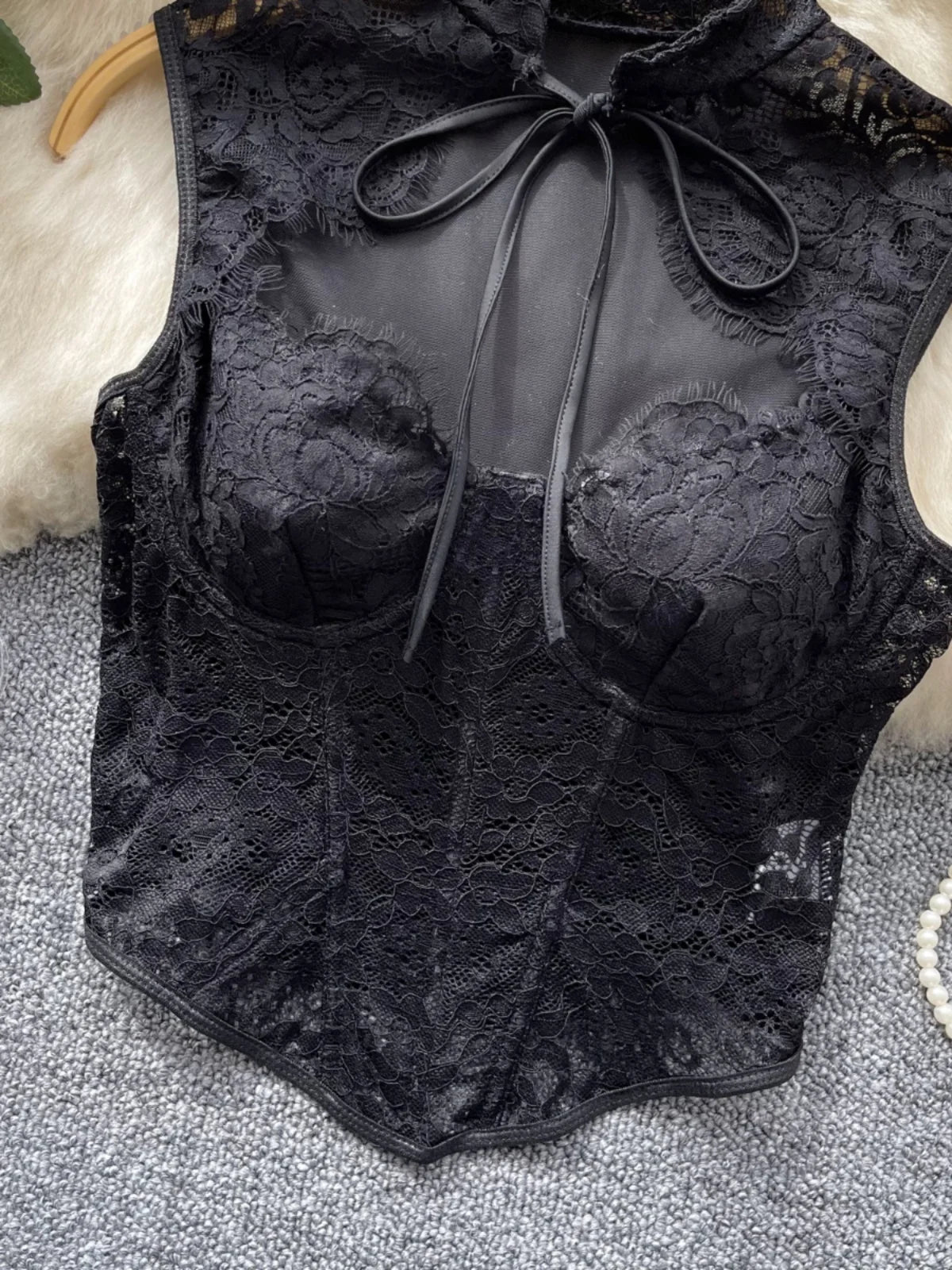New Chinese Style Vintage Women Black Lace Elegant Sleeveless Tops Summer Sexy Club Vacation Asymmetric Bandage Vest Clothing