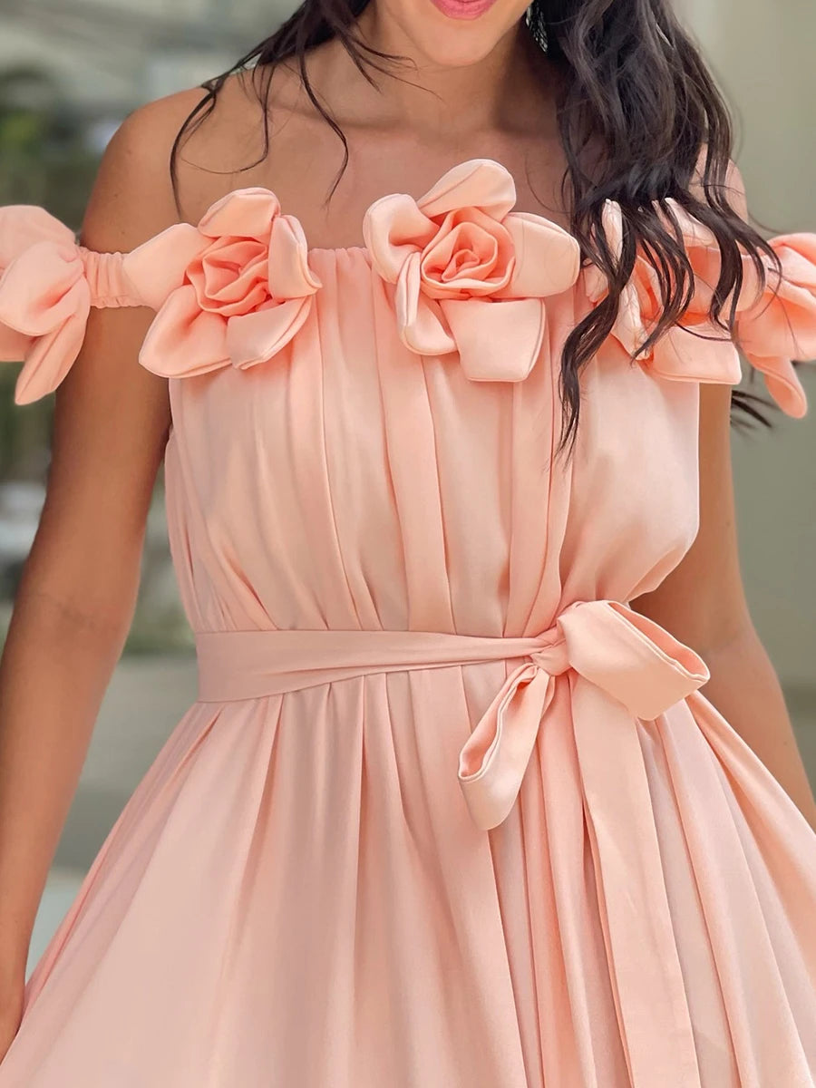 Solid Spliced Appliques Slimming Dresses For Women Slash Neck Sleeveless High Waist Temperament Dress Female New