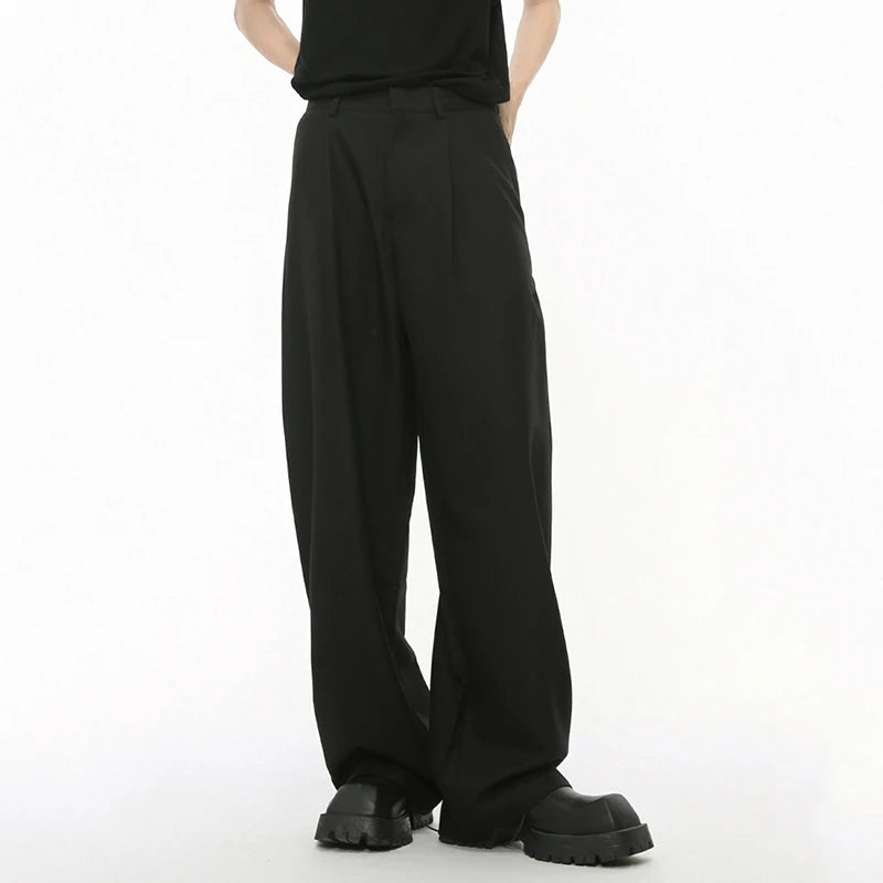 Simple Men's Suit Pants Pleated Silhouette Drooping Casual Wide Leg Trousers 2024 Male Solid Color Bottom American 9C7298