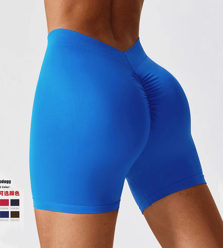 Knit Seamless V Back Yoga Shorts Women Fitness Elastic Scrunch Push Up Sports Running Workout High Waist Shorts