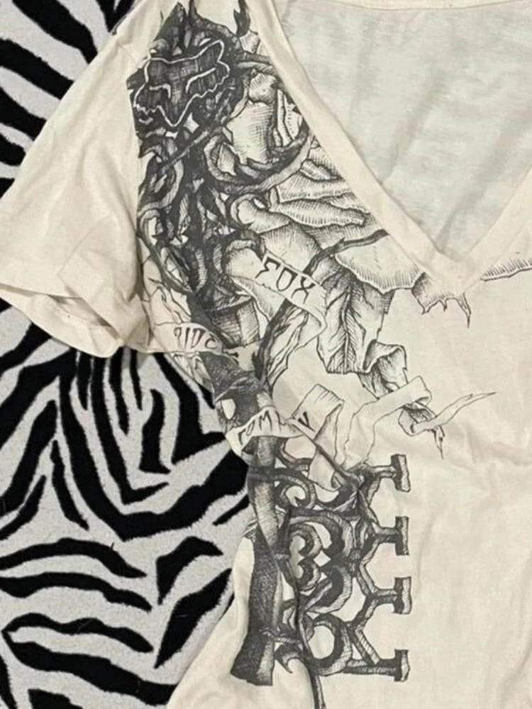 Y2k Aesthetic White Printing Punk Fairy Tshirts Harajuku Women Casual Bodycon Vintage Tees 2025 Summer Grunge Streetwear Tops