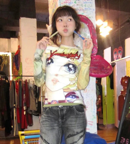 Japanese Y2k Anime Print T-shirt 2000s Aesthetics Long Sleeve Tee Shirt Vintage Harajuku Slim Tops Kawaii Lolita T Shirt