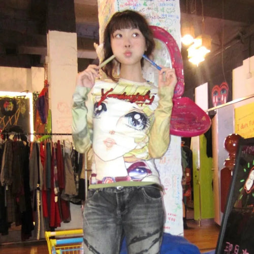 Japanese Y2k Anime Print T-shirt 2000s Aesthetics Long Sleeve Tee Shirt Vintage Harajuku Slim Tops Kawaii Lolita T Shirt