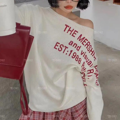 Load image into Gallery viewer, Korean Fashion Women Sloping Shoulder Letter Print Short Pullover Knitted Loose Sweater 2024 Autumn Winter Long Sleeve Tops Chic
