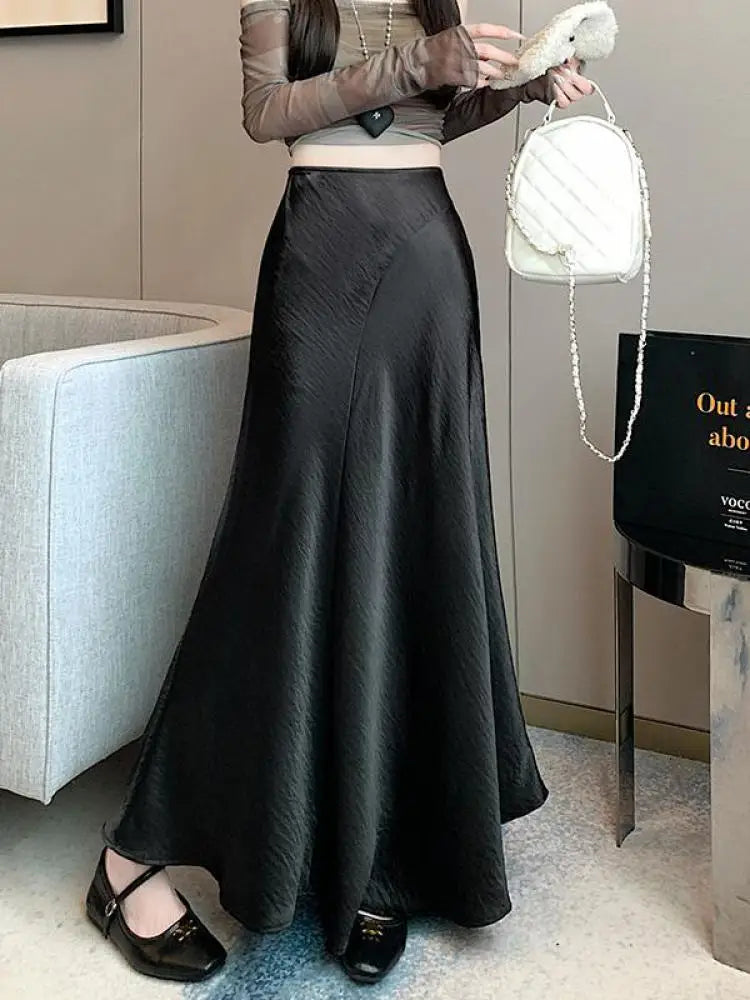 Spring Summer Solid High Waist Wrap Hip Pleated Fishtail Long Skirt Korean Fashion Women Versatile A-line Half Skirt Popular New