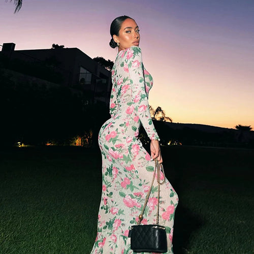 Load image into Gallery viewer, Bodycon Long Sleeve Half High Collar Print Zipper Elegant Maxi Dress Women Slim High Waist Sexy Dress Ladies Outfits
