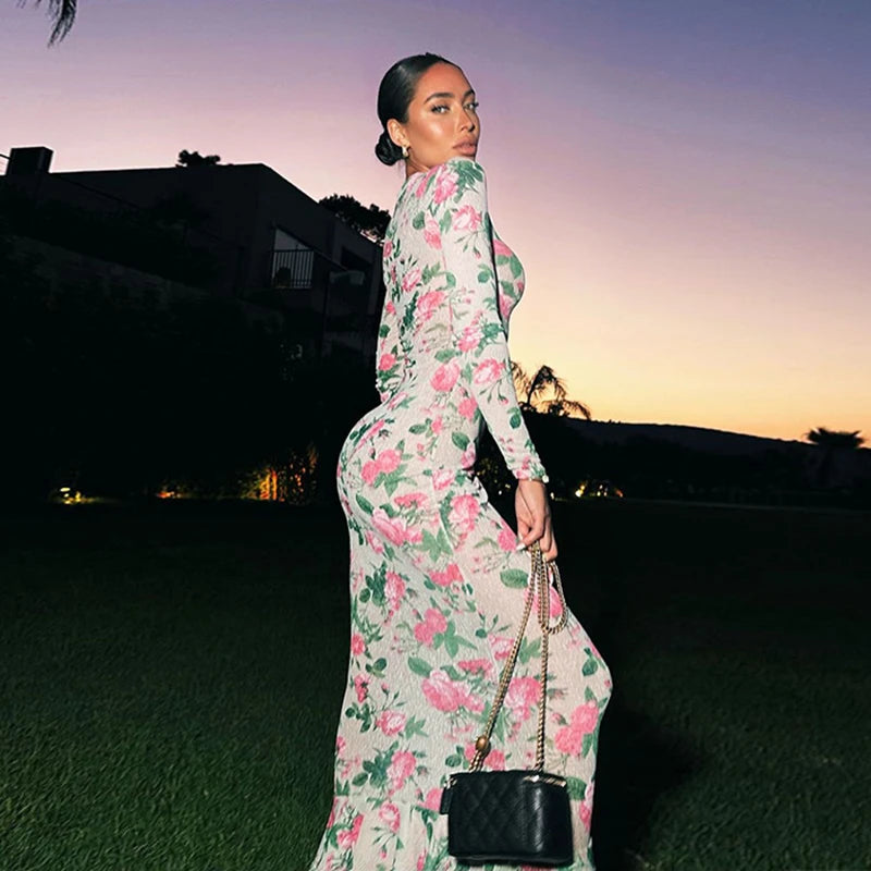 Bodycon Long Sleeve Half High Collar Print Zipper Elegant Maxi Dress Women Slim High Waist Sexy Dress Ladies Outfits