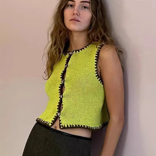 Load image into Gallery viewer, Contrast Color Knit Sweater Vest Women O Neck Single-btrasted Sleeveless Crop Tops Ladies Fashion Knitted Tops Vest
