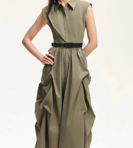 Vintage Spliced Folds Temperament Dresses for Women Lapel Sleeveless Patchwork Belt Dress Female Fashion Clothing