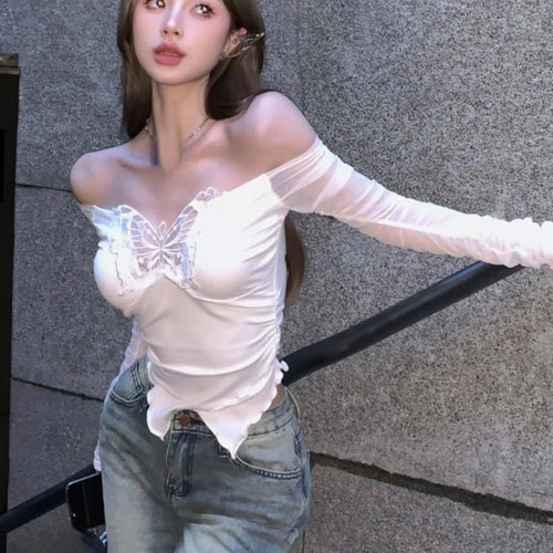 Load image into Gallery viewer, Y2k Aesthetic Patchwor Butterfly Women T-Shirt Vintage Harajuku Slim Fit Tshirts Knitted Long Sleeve Grunge Streetwear Crop Top
