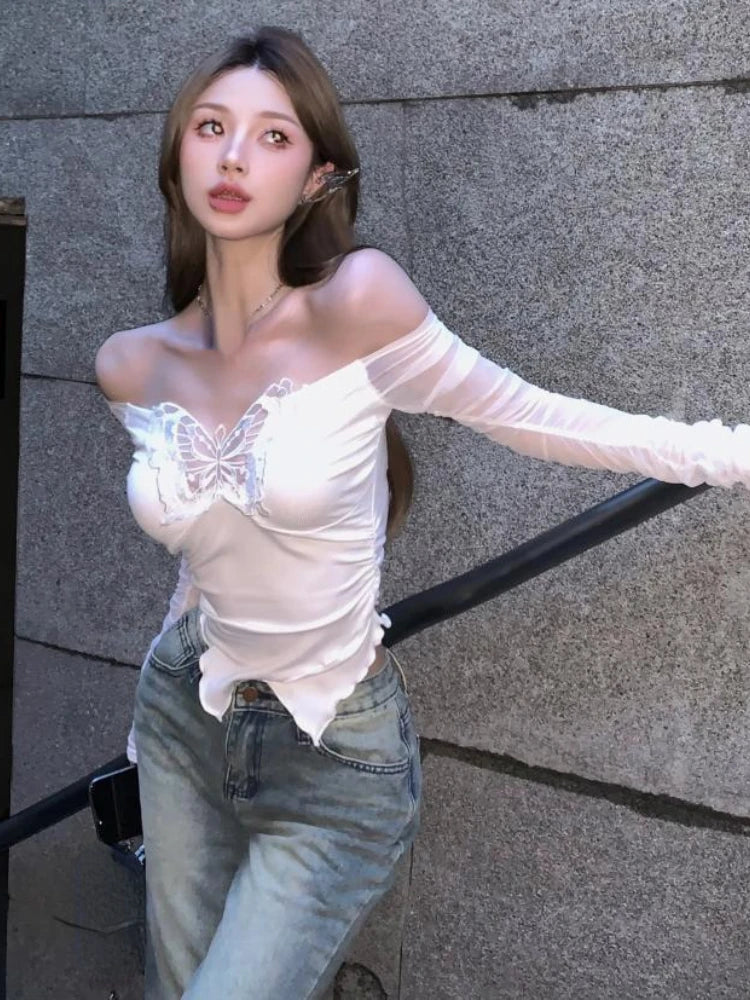 Y2k Aesthetic Patchwor Butterfly Women T-Shirt Vintage Harajuku Slim Fit Tshirts Knitted Long Sleeve Grunge Streetwear Crop Top