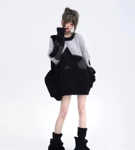 JapaneseStar Embroidery Vintage Oversized Soft Sweaters Y2K Fashion Aesthetic Loose Pullovers Harajuku Grunge Casual Pull Jumper