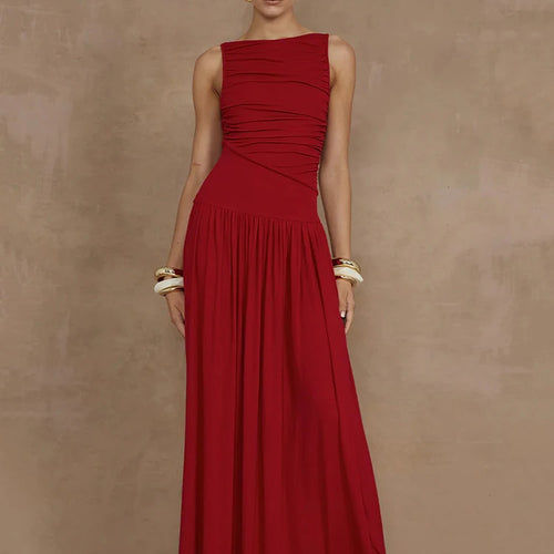 Load image into Gallery viewer, Elegant Sleeveless Maxi Dress For Women Fashion Solid Boat Neck Tank Dresses Ladies Sexy Ruched Long Dress New Gown
