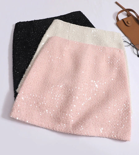 Summer Women Fashion Pink Sequin Temperament Wrapped Hip Short Skirt 2024 New Vintage Blakc Beige High Waist A Line Mini Skirts