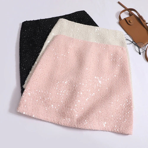 Load image into Gallery viewer, Summer Women Fashion Pink Sequin Temperament Wrapped Hip Short Skirt 2024 New Vintage Blakc Beige High Waist A Line Mini Skirts

