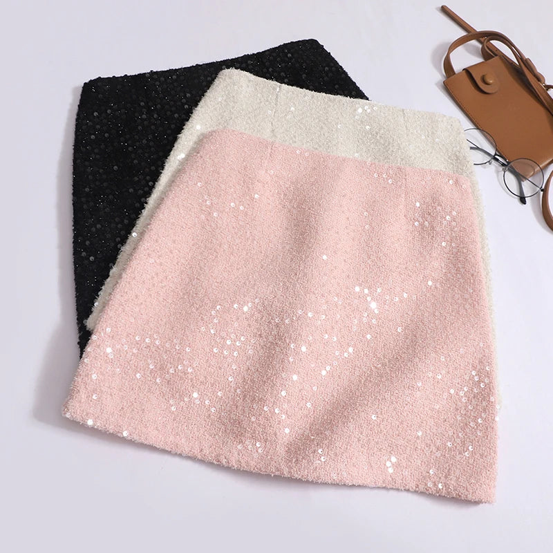 Summer Women Fashion Pink Sequin Temperament Wrapped Hip Short Skirt 2024 New Vintage Blakc Beige High Waist A Line Mini Skirts
