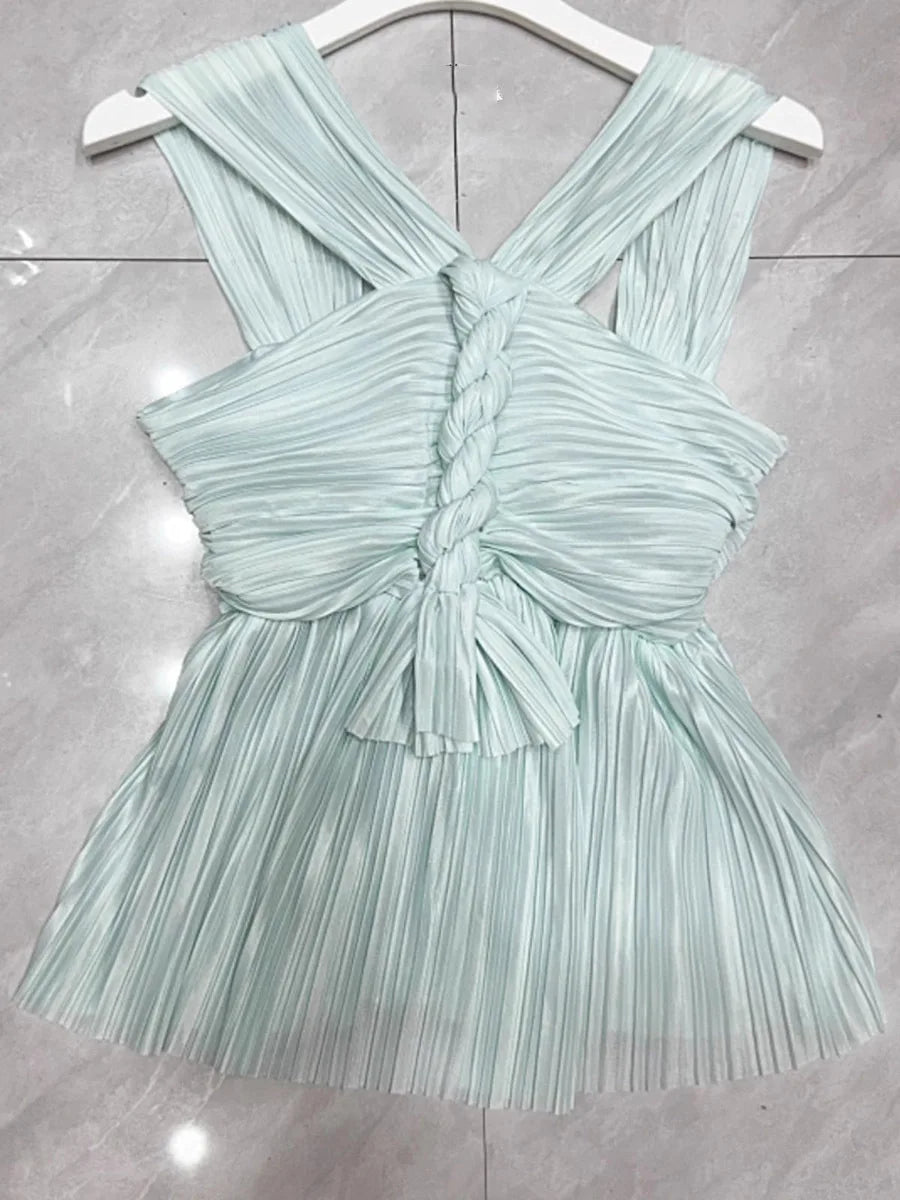 Solid Minimalist Spliced Folds Vest For Women V Neck Sleeveless Tunic Slimming Vests Female Fashion Style Clothes