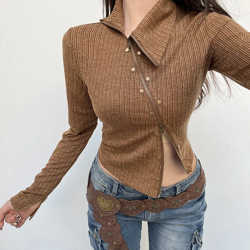 Load image into Gallery viewer, Asymmetrical Skinny Autumn T shirt Female Clothing Zipper Rivet Vintage Crop Top Jacket Fashion Chic Shirts Outwear
