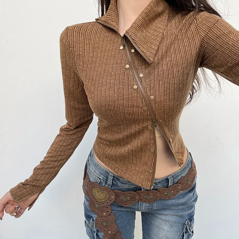 Asymmetrical Skinny Autumn T shirt Female Clothing Zipper Rivet Vintage Crop Top Jacket Fashion Chic Shirts Outwear