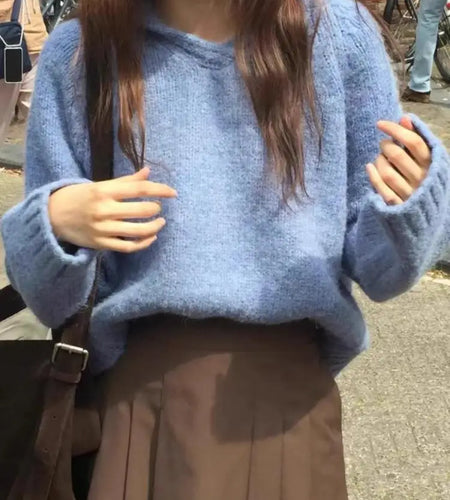 Korean Fashion Women Beige Blue Elegant Loose Knitted Short Sweater Autumn Winter Orange Long Sleeve Hooded Pullover Tops Casual