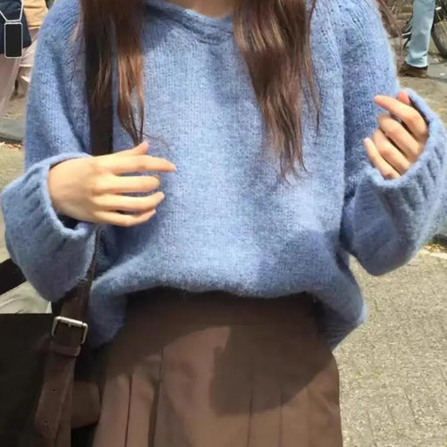 Load image into Gallery viewer, Korean Fashion Women Beige Blue Elegant Loose Knitted Short Sweater Autumn Winter Orange Long Sleeve Hooded Pullover Tops Casual
