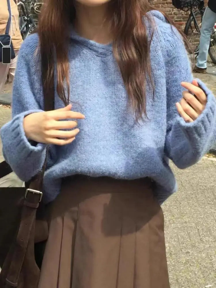 Korean Fashion Women Beige Blue Elegant Loose Knitted Short Sweater Autumn Winter Orange Long Sleeve Hooded Pullover Tops Casual